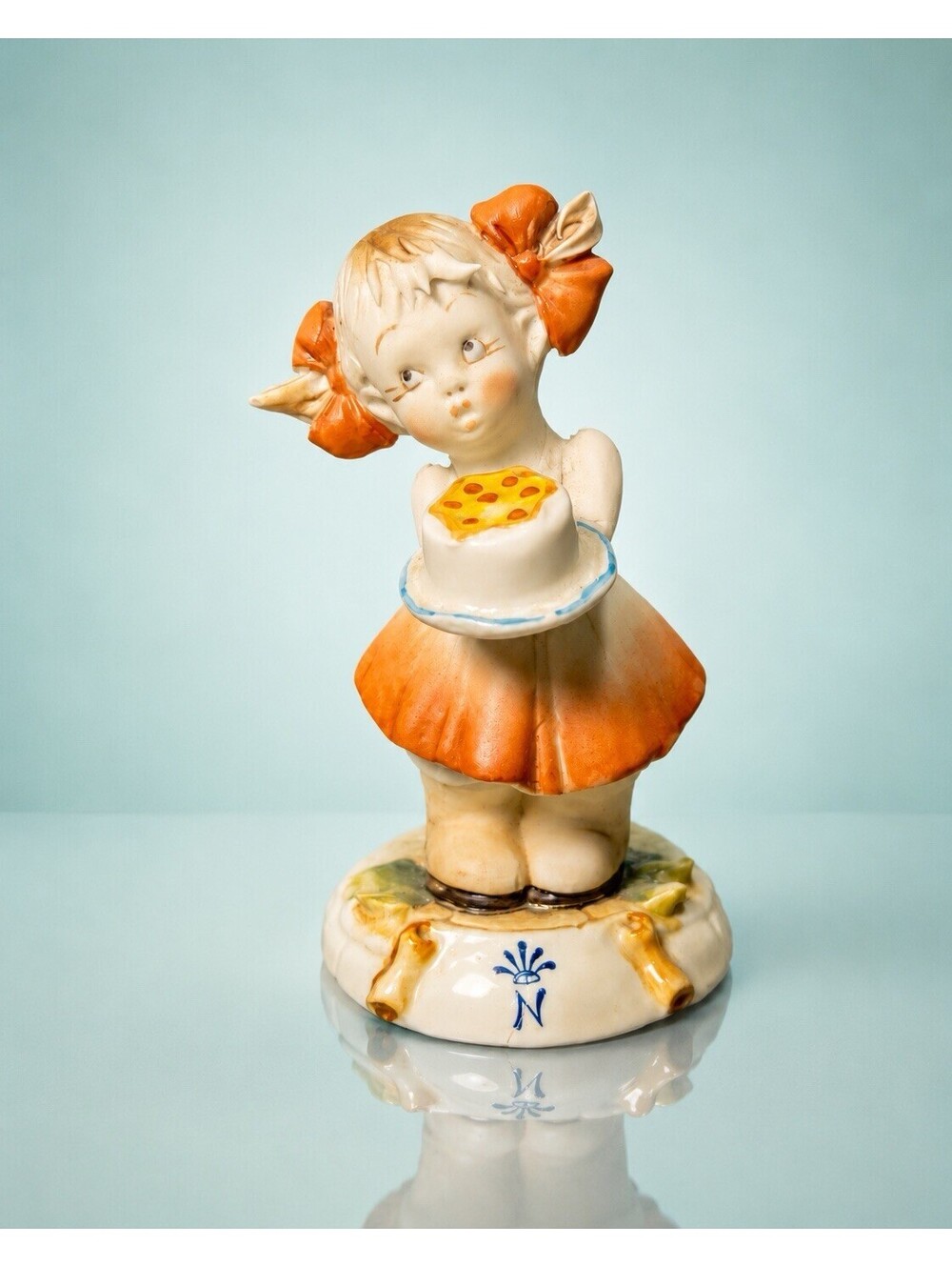 Pezzato Capodimonte Italy 1970s Girl With Cake Porcelain Figurine, 4” DAMAGED